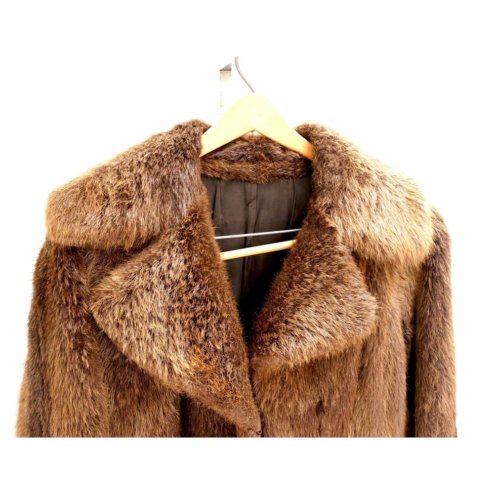 Vintage 1960s Brown Fur Coat Long Minimalist Real Fur Size L XL Luxury Womens - Picture 6 of 16
